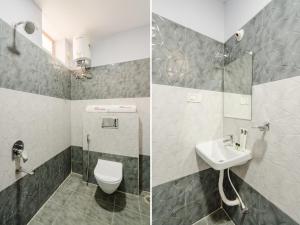 two pictures of a bathroom with a toilet and a sink at Hotel Prestige Grand, Manikonda in Haidar Sāhibgūda +35 photos