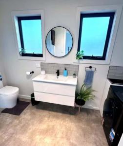 a bathroom with a sink and a mirror and a toilet at Swansea Cabins in Swansea +2 photos