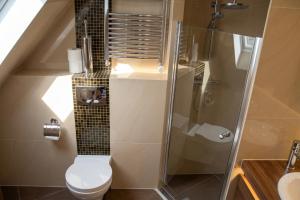 a bathroom with a toilet and a glass shower at Heban Hotel in Toruń