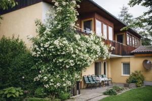 a house with a flowering tree in front of it at Ferienwohnungen Vidoni in Bodensdorf