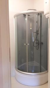 y baño con ducha y espejo. en Apartament Kasprowy Jaszczurówka en Zakopane
