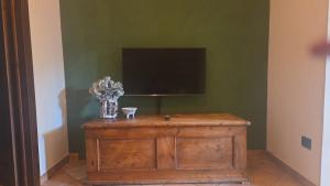a television on a green wall with a wooden cabinet at The Cozy Nest in Santa Maria a Monte