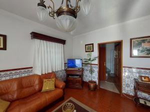 a living room with a leather couch and a television at Aurélio & Zezinha House in Penamacor