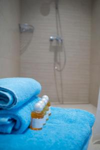 a bathroom with a blue bed with a shower at Hôtel de la Béroche in Saint Aubin Sauges +55 photos