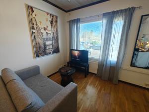 a living room with a couch and a tv at As 8 Viima inc Sauna in Valkeakoski
