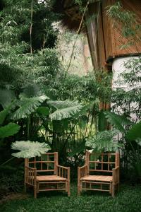 two wooden benches sitting next to a building with plants at Bamboo Hill in Lương Sơn +91 photos