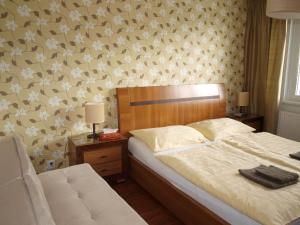 a bedroom with a bed and a chair and a wall at Apartmán Drahovice in Karlovy Vary