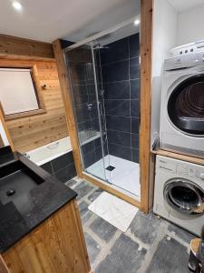 a bathroom with a shower and a washing machine at Les Racines Chalet in Villard-Reculas