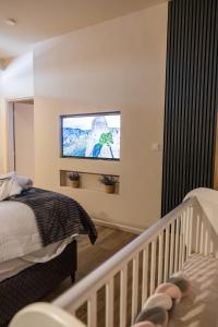 a bedroom with a bed and a flat screen tv at Omega Suites 31 in Tríkala