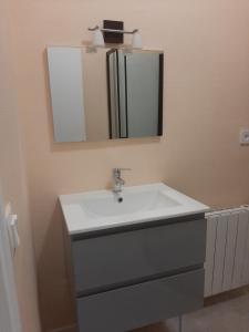 a bathroom with a white sink and a mirror at les ruffins in Saint-Jean-en-Royans