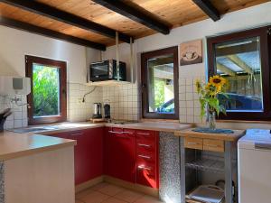 a kitchen with red cabinets and a vase with a sunflower at Zum Schafstall in Hünxe