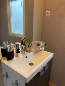 a bathroom sink with a faucet and a mirror at Camping les Portes du Perche in Mamers +41 photos