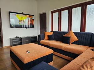 a living room with a couch and a tv at Alpha bungalow in Kandy