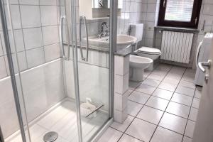 a bathroom with a shower and a sink and a toilet at Ca' del Maharajà in Gargallo +12 photos