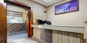 a hotel lobby with a bar with a picture of a rhino at Hotel Apollo in Guwahati