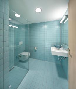 a bathroom with a toilet and a sink and a shower at Gäste- und Tagungshaus Benediktinerabtei Plankstetten in Berching