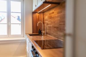 a kitchen with a sink and a window at Boutique Charme Apartments Küferstr 10-12 in Baden-Baden