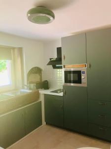 a kitchen with green cabinets and a microwave at Le printemps, gîte nature in Bruyères