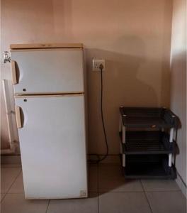a white refrigerator in a kitchen with a cart next to it at Amatis House in Mokopane
