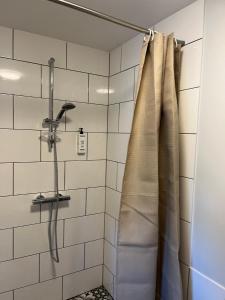 a shower with a shower curtain in a bathroom at A33 central studio aparthotel in Liepāja +45 photos