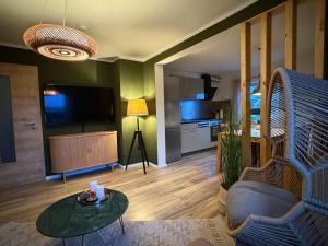 a living room with a couch and a television at Harzhaus Ida in Elbingerode