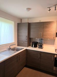 a kitchen with wooden cabinets and a sink at Springfield garden-Celtic park in Glasgow +6 photos
