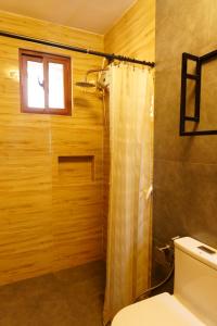 a bathroom with a shower with a toilet and a window at Balay Buenavista in Magdalena +11 photos