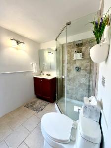a bathroom with a toilet and a shower at Peaceful Redding Cottage Retreat in Redding