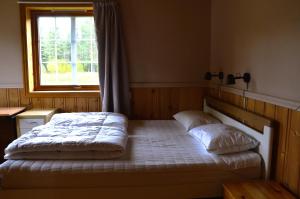 a bedroom with a bed with two pillows and a window at Fulufjellet nationalpark Lodge - Fulufjellets national parks - This is the place where Norway and Sweden meet in a large protected area in Ljørdalen