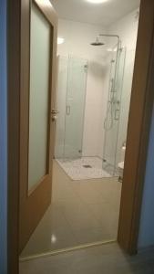 a bathroom with a glass shower with a toilet at Pensionsappartments Blitz in Wiesbaden