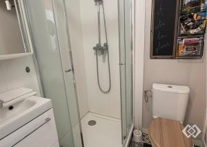 a small bathroom with a shower and a toilet at Le Bailly charmant T2 Confort calme hyper centre in Orléans