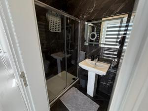 a bathroom with a shower and a sink and a mirror at Welcome Apartment 13 in Għajn Melel