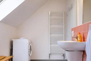 a small kitchen with a sink and a white refrigerator at Symbiola Holiday House in Arnoltice u Decina +79 photos