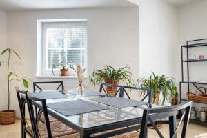 a dining room with a glass table and chairs at Symbiola Holiday House in Arnoltice u Decina
