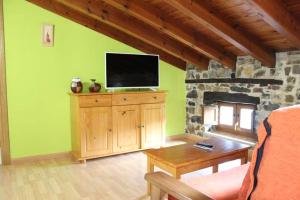 a living room with a flat screen tv on a stone wall at Apartamentos La Barcenilla in Herada