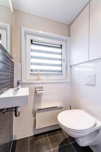 ein Badezimmer mit Toilette, Waschbecken und Fenster in der Unterkunft Floatinghouse Atlantis in Klitten + 20 Fotos