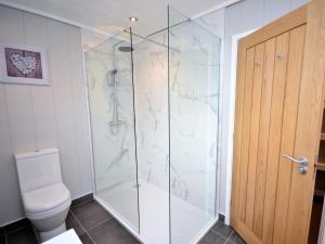 a bathroom with a glass shower with a toilet at 1 Bed in Conwy oc-60294 in Llangelynin