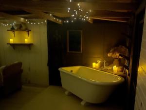 a bathroom with a tub and candles and lights at 1 Bed in Llandysul oc-85415 in Rhyd Owen