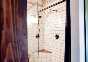 a bathroom with a shower with a glass door at Rivers Edge Lofts - Unit 2 in Niles