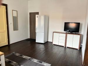 a living room with a refrigerator and a tv at Apartmány RK in Horažďovice