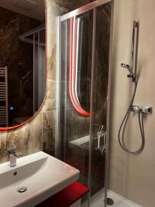 a bathroom with a shower and a sink and a mirror at TUGENDHAT Boutique Suite in Komárov +19 photos