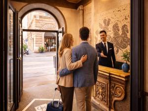a man and a woman standing in front of a counter at Hotel Diplomatic in Rome