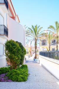 a street in front of a building with palm trees at Vila da Praia 462-C01 in Óbidos