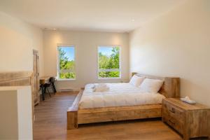 ein Schlafzimmer mit einem großen Bett und zwei Fenstern in der Unterkunft Elios Private Spa & BBQ, Lake & Golf in Brownsburg