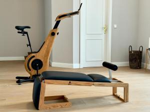 ein hölzernes Heimtrainerfahrrad und ein Laufband in einem Raum in der Unterkunft THERESET Schloss Groß Plasten in Groß Plasten