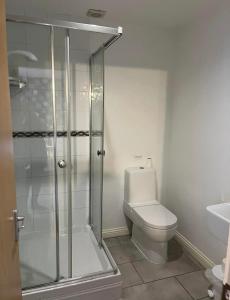 a bathroom with a shower and a toilet and a sink at The Three Coopers in Bedale