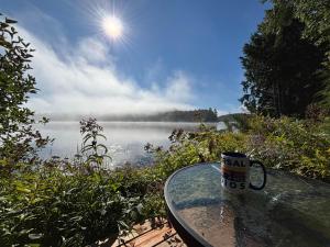 a coffee cup sitting on a table in front of a lake at Gîte du Lac-à-la-Loutre - B&B in Huberdeau