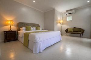 a bedroom with a large white bed and a chair at Heidi's Guesthouse in Siquijor