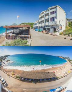 two pictures of a beach and a hotel at Villa Barcelona in Sutomore