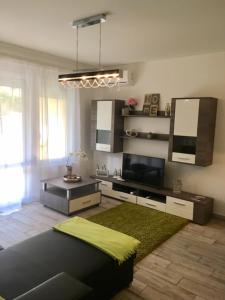 a living room with a couch and a television in it at ZEN Apartman Sunshine in Zamárdi
